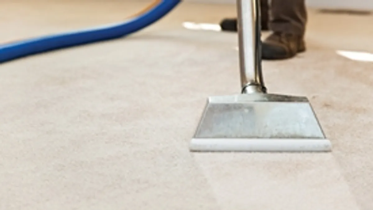 Carpet cleaning wand head gliding over a light carpet during hot-water extraction, Jersey City, NJ.